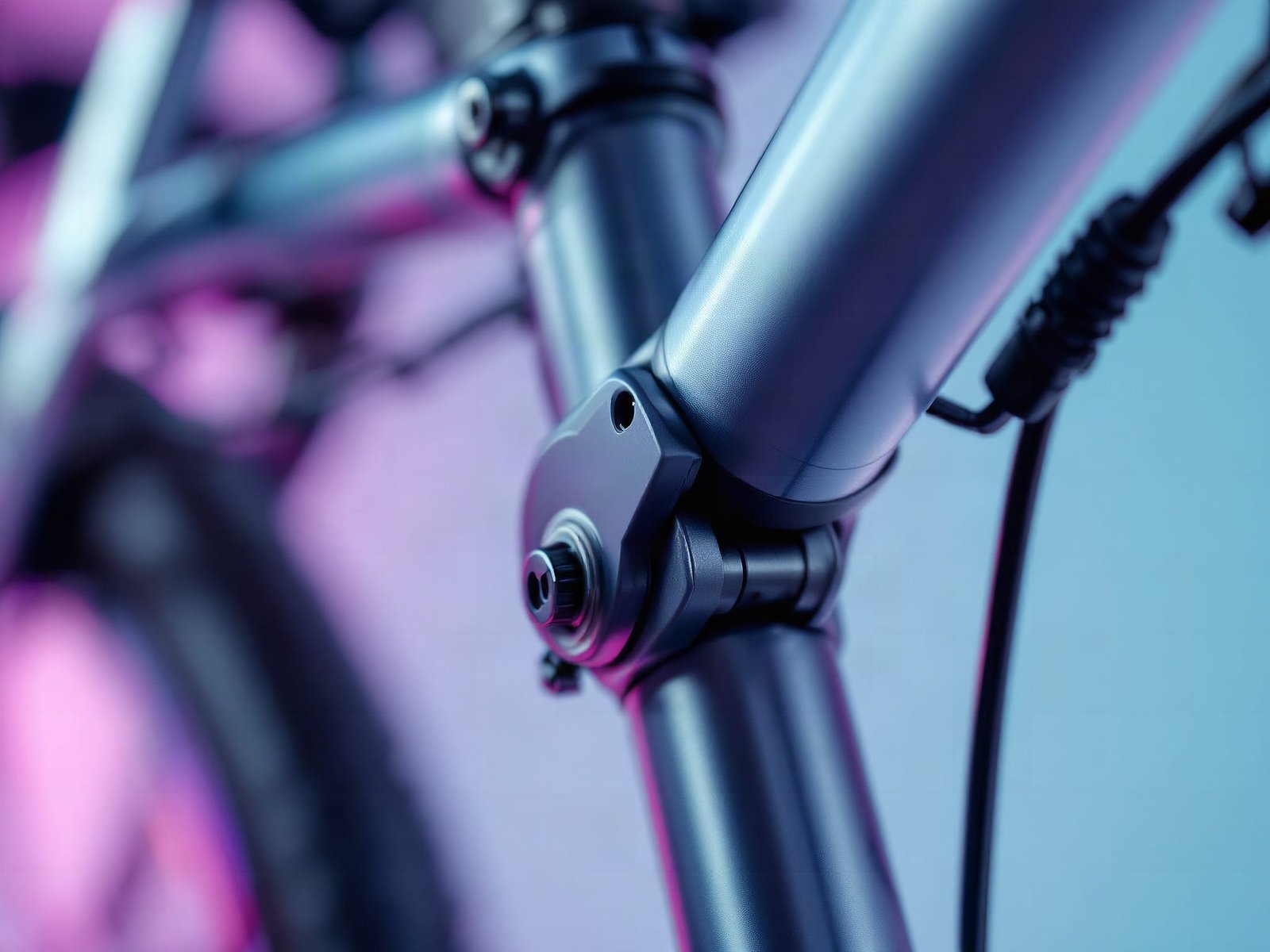 Macro detail of the folding hinge mechanism on the electric bike, showing metal joints and latch in sharp focus