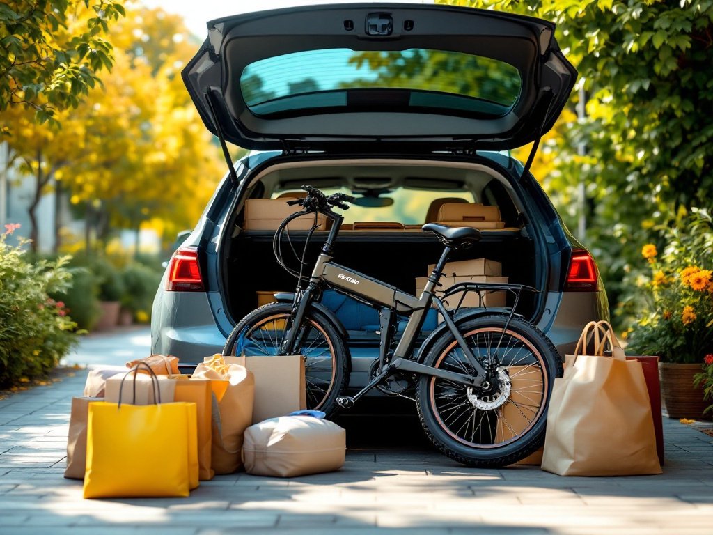 Folded electric bike standing in an open car trunk alongside groceries and luggage, demonstrating compact storage