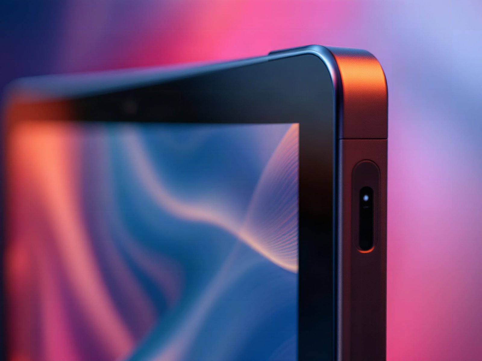 Close-up of KTC 25 inch tablet edge showing bezel detail and power button with shallow focus