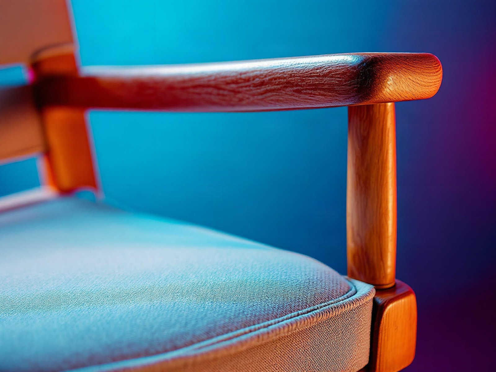 Macro detail of SUNNYFEEL Directors Chair armrest and canvas fabric weave with wooden frame